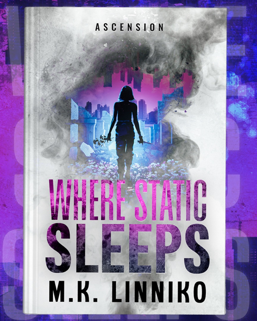 Where Static Sleeps cover: a girl walking into a violet city skyline