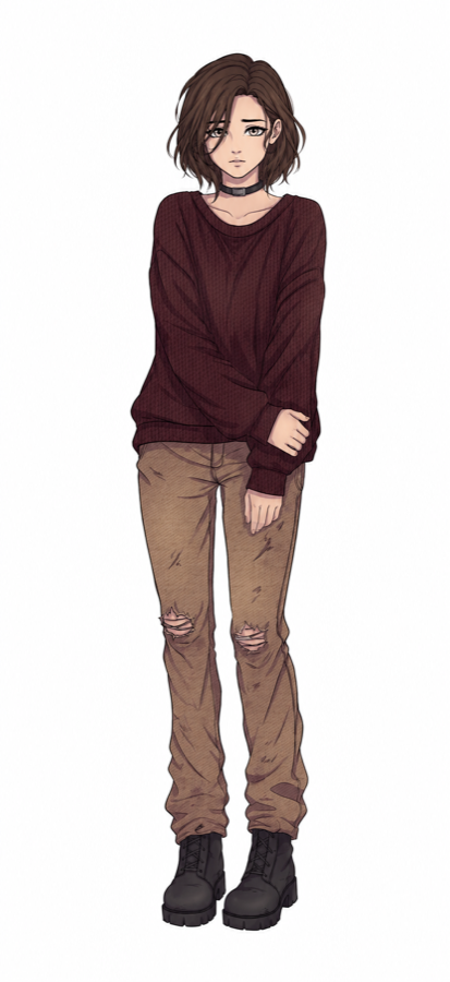 Illustration of Maevie in a dark red jumper and worn jeans